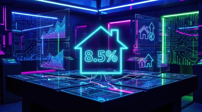 Digital real estate matrix, holographic property charts and mortgage icons floating above neon-lit trading desk
