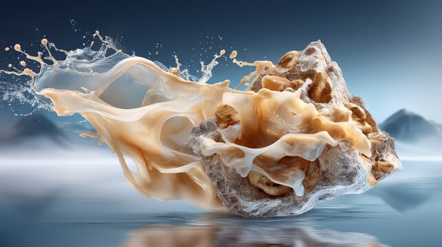 Splash of rich coffee blending with creamy textures, dynamic visual. Healthy organic food clean eating natural nutrition wellness lifestyle fresh ingredients.
