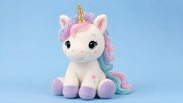 Cute Plush Unicorn Toy on Blue Background.