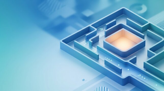 Business strategy and problem solving concept, blue 3D isometric maze with glowing center. Navigation and finding solutions for success.
