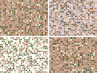 Fototapeta premium Abstract pattern of colorful geometric shapes scattered across a textured background.