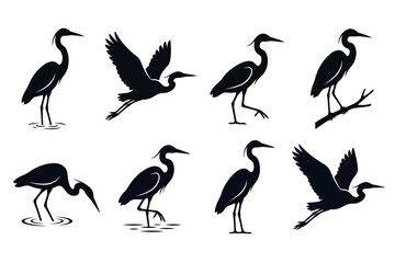 Fototapeta premium Elegant Heron and Egret Silhouette Icon Set