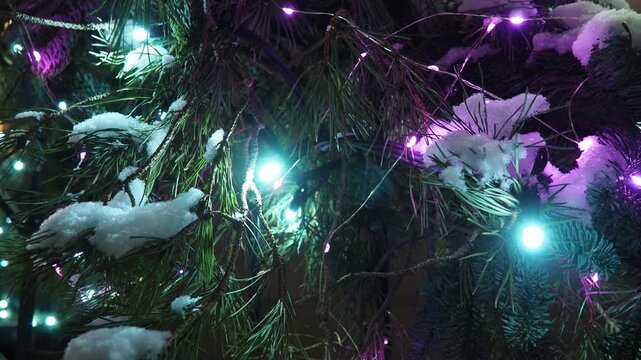 Decorating a Christmas Tree With Colorful Lights and Shiny Garland in a Cozy Home Setting During the Holiday Season. People decorate a Christmas tree