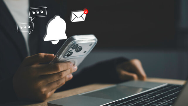 Smartphone notification alert with message, chat bubbles, and email icon. Mobile app communication, push notification system, social messaging, and real time user engagement in digital interface.