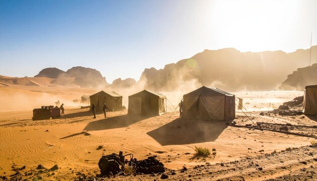 Engineers setting up temporary shelters and mobile power generators in a remote arid desert landscape during a humanitarian relief mission to support displaced populations and provide aid.