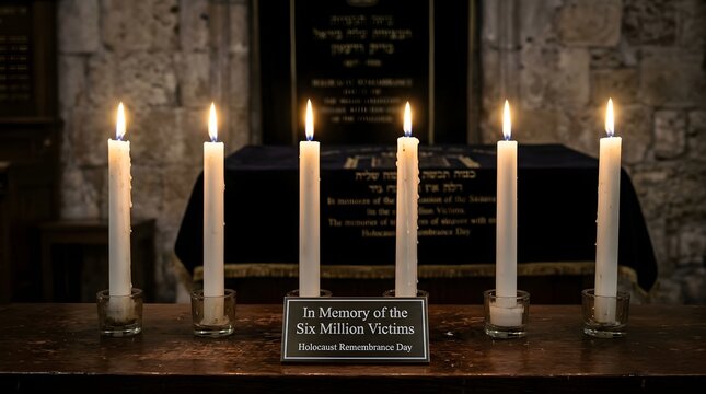 Six candles lit for the six million victims during a holocaust remembrance day ceremony in a solemn synagogue setting for a tragic history memorial and prayer concept
