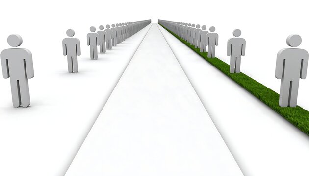 A path of people, a different path.  Many gray figures form two lines, one on each side of a central, grassy stripe.  The perspective is from the middle of the lines