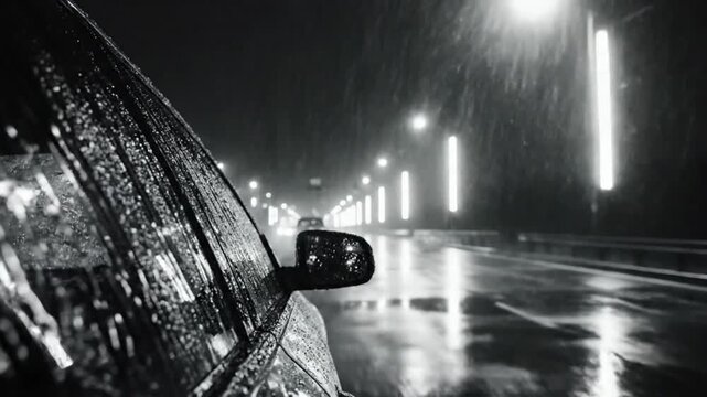 Rainy Night Drive: A Cinematic Black and White Perspective of a Car's View on a Wet Road