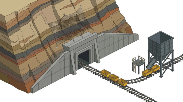 Illustration of a mine entrance with a train and ore cars in a rock formation.