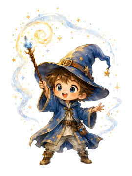 A cheerful young wizard apprentice casts a magical spell with his crystal-tipped wooden wand.