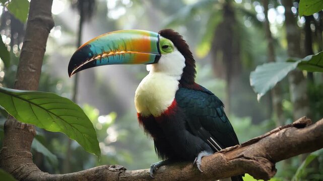 Keel-billed toucan perching on a tree branch in a tropical rainforest