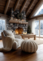 Obraz premium Cozy armchair knitted blanket stone fireplace wooden ceiling glowing fire winter view candles rustic decor warm inviting