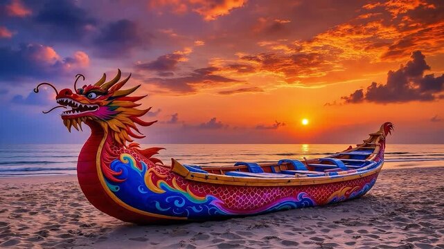A colorful dragon boat sits on a beach at sunset.