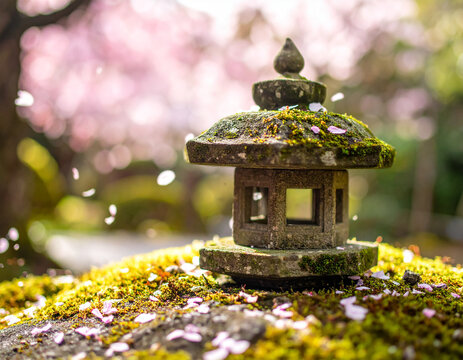 苔の生えた石灯籠と散る桜の花びら