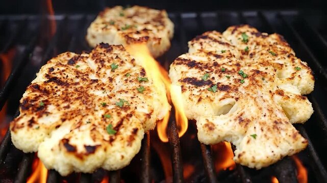 Cauliflower steaks grilling over an open flame with herbs.