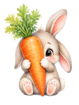 An adorable fluffy baby bunny holding a giant orange carrot in a watercolor style.