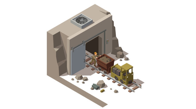 Isometric illustration of a mine entrance with a train and a worker inside.