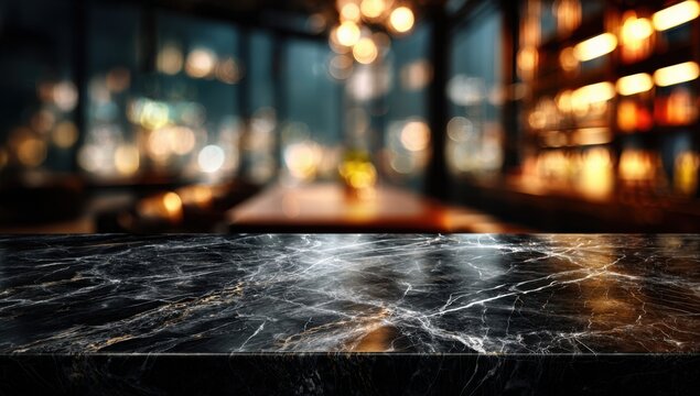 Empty Marble Tabletop with Blurred Restaurant Background at Night.
