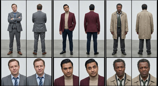 Three diverse men full body and portrait contact sheet