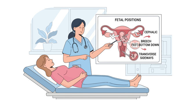 Doctor explaining fetal positions to pregnant woman on examination table