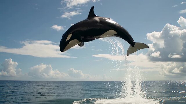 Majestic Killer Whale Breaching Out of the Ocean Surface in the Wild