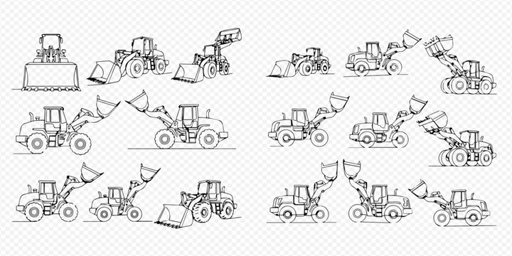 Loader machine animation frames set, front end loader movement sequence, construction equipment in outline style.