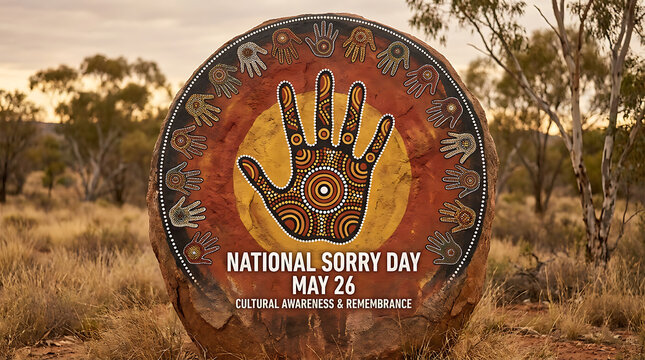 Aboriginal handprint symbol sign for National Sorry Day in outback setting