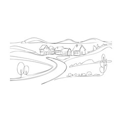 Fototapeta premium Rural village landscape with small houses and hills continuous line drawing for scenery art.