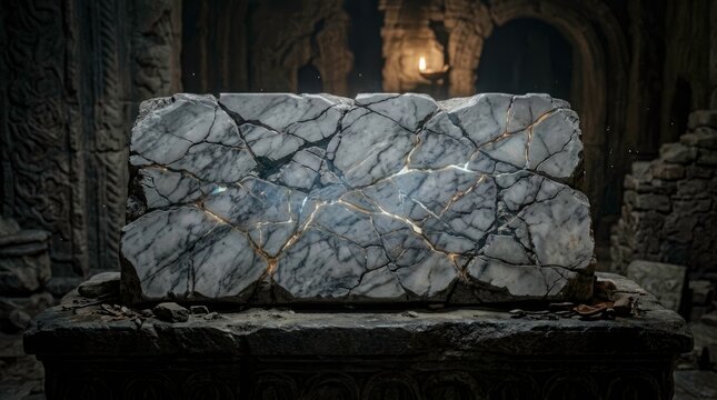 Ancient Stone Tablet with Golden Cracks in Mysterious Temple Setting, Dark