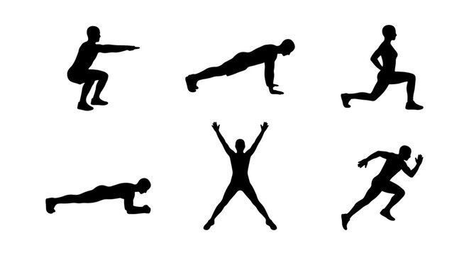 Fitness Silhouette Icons: Exercise Set, Workout Poses, Active Lifestyle, Human Body Movements, Health & Wellness Graphics