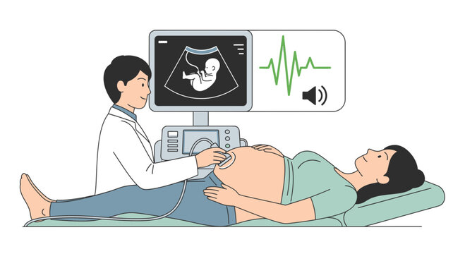 Doctor performing ultrasound on pregnant woman, showing fetus on screen and heartbeat.