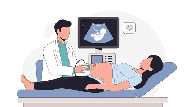 Doctor performs ultrasound on pregnant woman, showing baby on screen