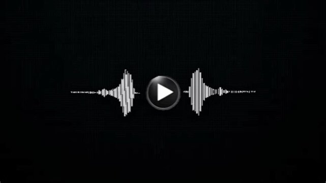 Audio waveform equalizer visualization with play button on a dark background, representing sound processing and digital music playback