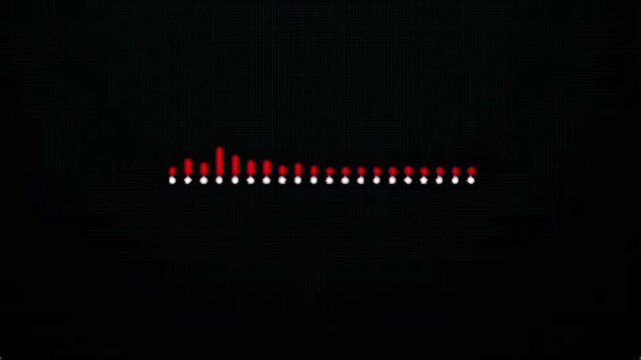 Abstract equalizer visualizer with red and white bars on a dark background, representing sound waves or audio spectrum analysis, perfect for music or technology themes