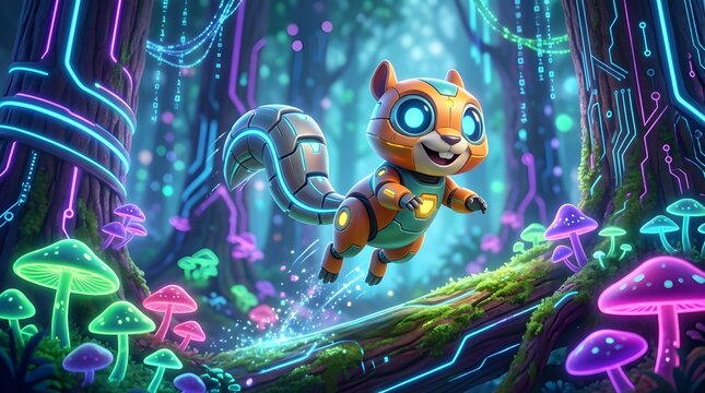 Ilustrasi 3D seekor tupai robot futuristik melayang di hutan cyber neon dengan jamur bercahaya dan elemen teknologi digital. Konsep dunia sci-fi fantasi dengan nuansa imut, warna vibrant, dan suasana