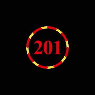Animated number two hundred one inside rotating yellow and red circle border against black background.