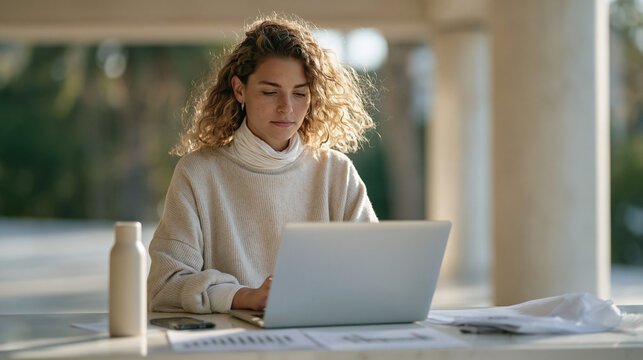 University data science student codes machine-learning climate models on a laptop in an open-air pavilion on campus, surrounded by printouts of carbon emissions graphs, a reusable water bottle besid