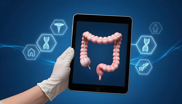 Doctor holding tablet displaying human colon with medical icons and DNA helix