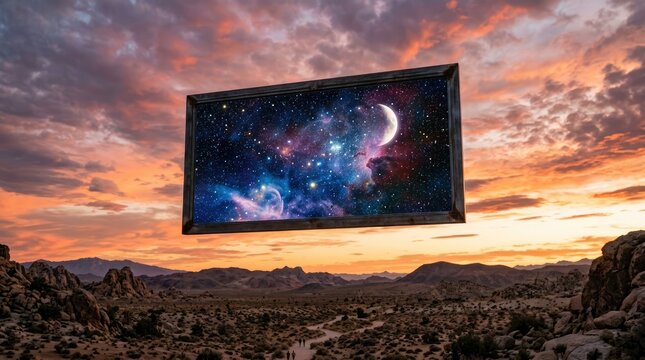 Surreal framed starry galaxy floating in the sky overlooking landscape.