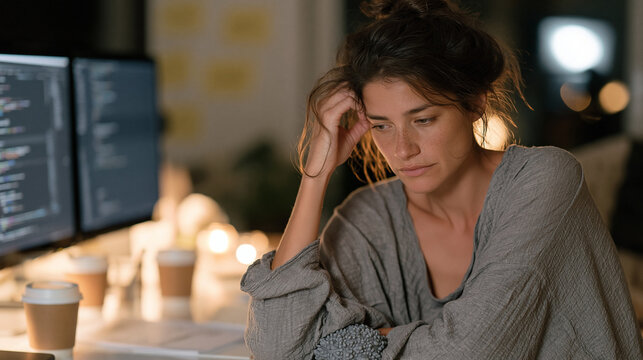 Software developer in her mid-thirties sits slumped at a standing desk in a dim home office at 2am, empty coffee mugs lined up beside three monitors, dark circles visible, a stress ball squeezed in 