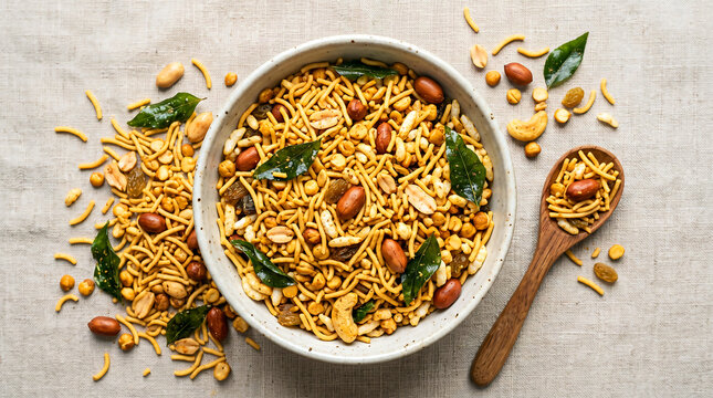 Mixture snack bowl filled with traditional Indian namkeen featuring crunchy peanuts fried lentils nuts and aromatic curry leaves served on a textured linen fabric surface