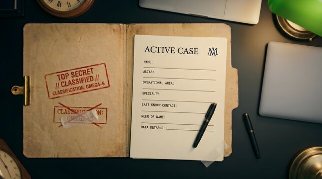 Top-down perspective of an aged, open "Top Secret" file folder on a dark wooden desk