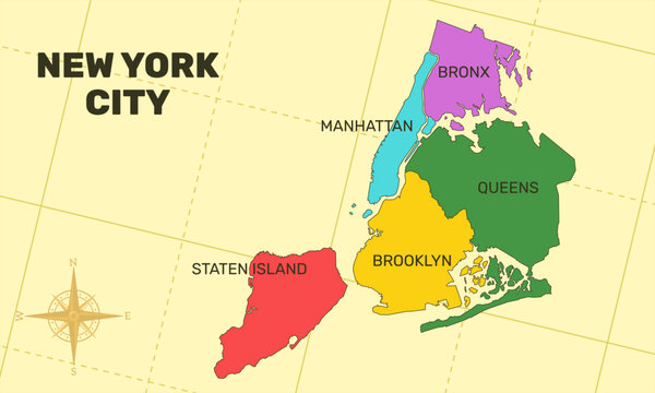 Editable Vector Illustration of New York City Map. Brooklyn, Manhattan, The Bronx, Staten Island, Queens.