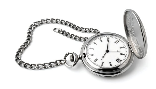 A pocket watch with a chain, lying on a white background.  The watch face is white with black Roman numerals. The watch's metal case and chain are a light gray or silver. The watch is slightly open