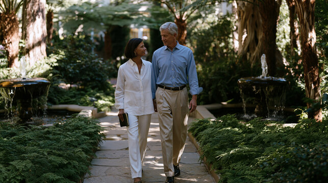 Burnout recovery coach leads a one-on-one walking session with a mid-career executive through a city botanical garden, both moving slowly along a shaded path, the coach holding a small notebook, fou