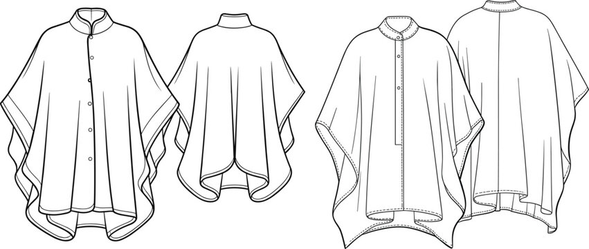 Comprehensive technical flat sketch of a women's button-front poncho and cape showing front and back views for fashion manufacturing.