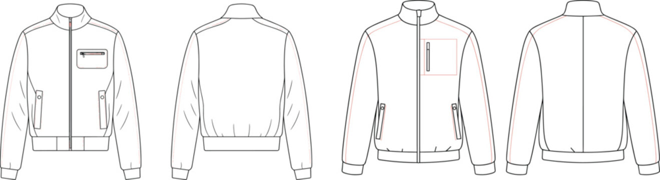 Fashion technical CAD sketch of men's track jacket with chest pocket and raglan sleeves for design tech packs