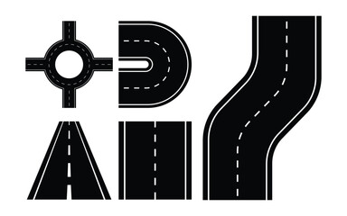 Obraz premium Vector Road and Highway Icon Set with Asphalt Streets, Winding Lanes, Dashed Markings, and Transportation Symbols for Traffic and Map Design