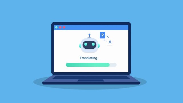 Animated illustration of a laptop displaying robotic language translation process, suitable for artificial intelligence and technology concepts.