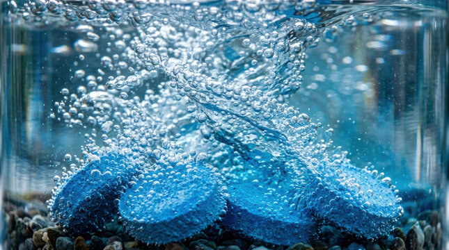 Blue chlorine tablet dissolving in water, bubbling pool cleaner under water with foam and motion